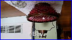 13-1/2 Cranberry Hobnail Art Glass Hanging Banquet Oil Lamp Shade + metal chimn