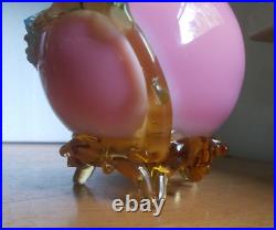 1880s RARE HAND BLOWN PINK CASED ART GLASS MINIATURE OIL LAMP APPLIED FEET BASE