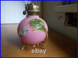 1880s RARE HAND BLOWN PINK CASED ART GLASS MINIATURE OIL LAMP APPLIED FEET BASE