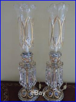 1900 Baccarat Pair Mantel Luster Glass Hurricane Lamp Crystal Prism Candelabras