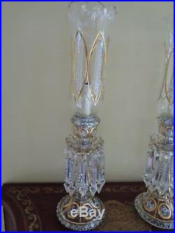 1900 Baccarat Pair Mantel Luster Glass Hurricane Lamp Crystal Prism Candelabras