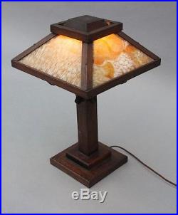1910 Antique Arts & Crafts Oak Table Lamp w Caramel Slag Glass Craftsman (9223)