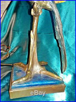 1910 Art Nouveau Naturalist Pompeian Bronze Clad Parrot Lamp Art Glass Shade