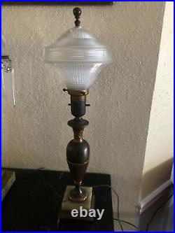 1920's-30's Rare Art Deco Table Lamp Green Marble Holophane Shade Industrial