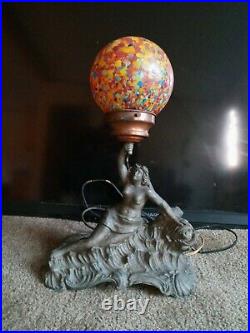 1920's art deco End Of Day Czech Glass Ball Sea Serpent/Nude Lady Lamp