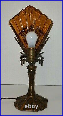 1920s-30s Rare Art Deco Metal Lamp, Original Amber Crackle Glass Slip Shade, NR