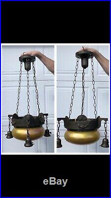 1920s 4 Light Hanging Electric Lamp Fixture Steuben Iridescent Art Glass Shade