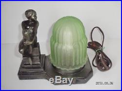 1920s Antique Art Deco Nude Lady Lamp Nuart Frankart Vintage Green Glass Globe