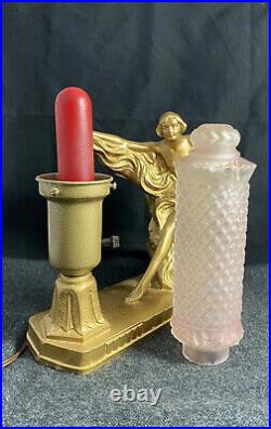 1920s Antique Gilt Bronzed Spelter Nude Lady Lamp 183 Glass Shade Art Deco WORKS