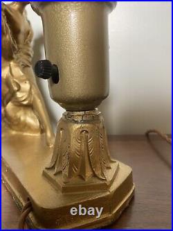 1920s Antique Gilt Bronzed Spelter Nude Lady Lamp Glass Shade Deco WORKS Read