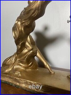 1920s Antique Gilt Bronzed Spelter Nude Lady Lamp Glass Shade Deco WORKS Read