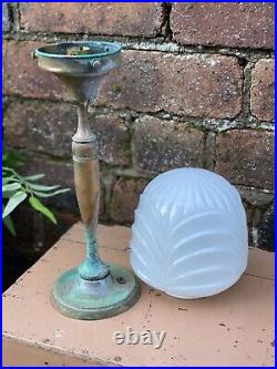 1920s Art Deco Copper Verdigris Table Lamp With Opaline Glass Shade