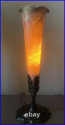 1920s Durand Art Glass Torchiere Accent Lamp Pulled Feather Gold Threading 16H