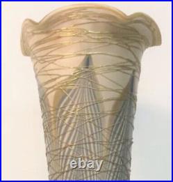 1920s Durand Art Glass Torchiere Accent Lamp Pulled Feather Gold Threading 16H