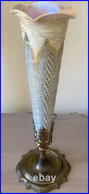 1920s Victor Durand Art Glass Torchiere Lamp Pulled Feather Gold Threading 16H