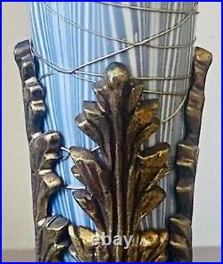 1920s Victor Durand Art Glass Torchiere Lamp Pulled Feather Gold Threading 16H