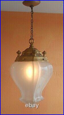 1930 French Art Deco Frosted Pendant Art Glass Chandelier Hanging Lamp Brass top