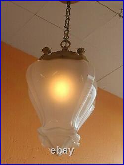 1930 French Art Deco Frosted Pendant Art Glass Chandelier Hanging Lamp Brass top