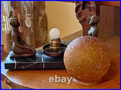 1930's Art Deco Double Kneeling Nudes Lamp withan Amber'Orb' Crackle Ball Shade