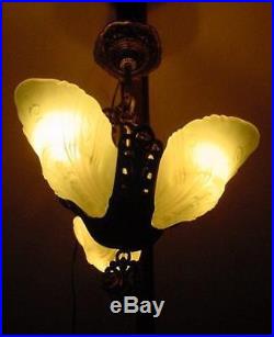 1930s ART DECO GREEN GLASS SLIP SHADE 3 PENDANT CEILING LIGHT LAMP CHANDELIER