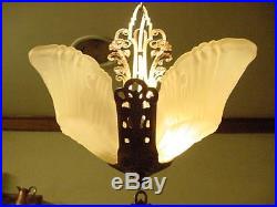 1930s ART DECO YELLOW GLASS SLIP SHADE 3 PENDANT CEILING LIGHT LAMP CHANDELIER