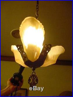 1930s ART DECO YELLOW GLASS SLIP SHADE 3 PENDANT CEILING LIGHT LAMP CHANDELIER