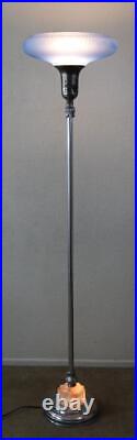 1930s Art Deco Chrome Torchiere Floor Lamp Blue Glass and Lighted Base MCM