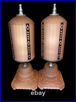 1930s Pair HouzeX Houze Glass Co Art Deco pink black frosted Skyscraper Lamps