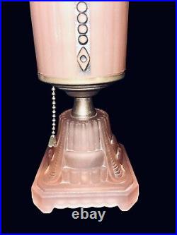 1930s Pair HouzeX Houze Glass Co Art Deco pink black frosted Skyscraper Lamps
