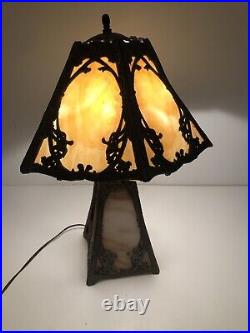 19 Antique Lead Art Nouveau 6 Panel Shade 4 Panel Amber Slag Glass Lamp
