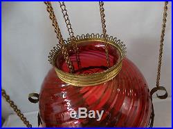 19thC Antique VICTORIAN CRANBERRY SWIRL ART GLASS Pull Down OIL LAMP CHANDELIER