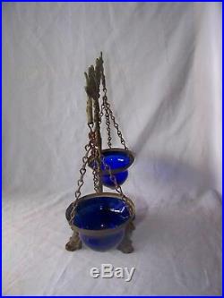 19th Century Art Nouveau Metal Float Lamp w Cobalt Glass Inserts