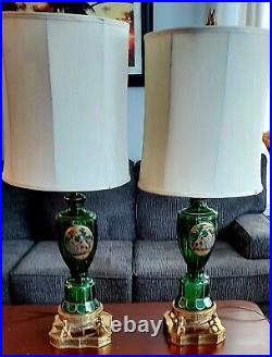 19th Century Emerald Green and Gold Glass Bohemian Moser Lamps, Pair of 2