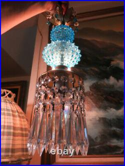 1 Vintage Swag brass tole Fenton Art Glass Crystal Lamp prism aqua blue hobnail