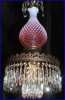 1of2 Fenton hanging SWAG Cranberry art Glass Crystal Lamp Chandelier Vintage