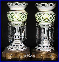 2 Antique Bohemian Czech Hand Painted Green/white Cased Glass Table Lamps