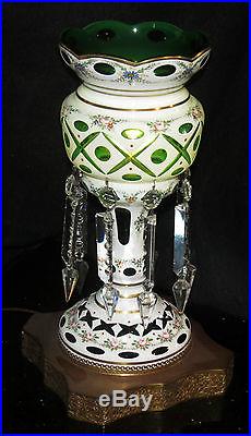 2 Antique Bohemian Czech Hand Painted Green/white Cased Glass Table Lamps