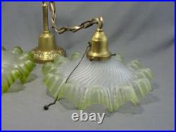 2 Antique French Art Satin Glass Pendant Ceiling Shade Lights Lamps Frilly Green