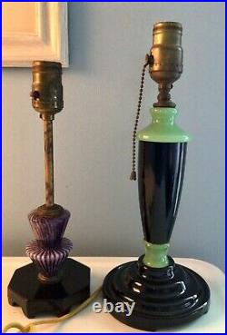 2 Art Deco Akro Agate Slag Glass HOUZE LAMPS Green & Black & Purple Striped