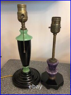2 Art Deco Akro Agate Slag Glass HOUZE LAMPS Green & Black & Purple Striped