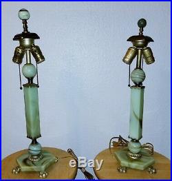 2 Art Deco Vaseline Glass Akro Agate Lamp set 1930s Houzex Houze FABULOUS