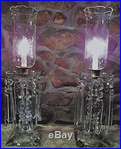 2 Elegant Antique Art Deco Crystal Hurricane Candelabra Lamps Cut Glass Chimneys