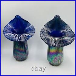 2 Hand Blown Cobalt Art Glass Jack In The Pulpit Lamp Shades Iridescent Stretch