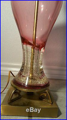 2 Rare MURANO Art Glass & Brass Mid Century Table Lamps Cranberry/Pink