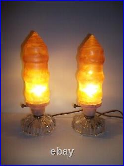 2 Vintage Art Deco Glass & Bakelite Base withAmber Glass Torpedo Shade Lamps 12 T