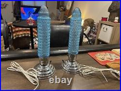 (2) Vintage Rocket Torpedo Skyscraper Art Deco Blue Glass Table Lamps Works