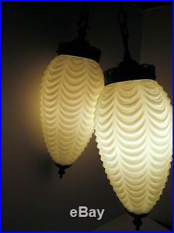 2 Vintage White Draped Art Glass Hanging Swag Light Lamp Mid Century Modern