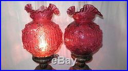 2 large VINTAGE FENTON GLASS ROSE COUNTRY CRANBERRY GONE with the WIND LAMPS