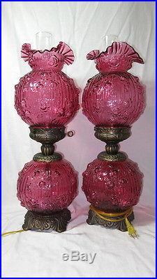 2 large VINTAGE FENTON GLASS ROSE COUNTRY CRANBERRY GONE with the WIND LAMPS