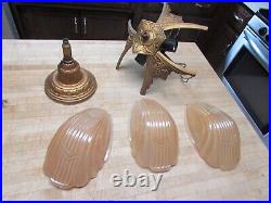 3 Bulb Art Deco Slip Shade Glass Amber Peach Hanging Lamp Chandelier